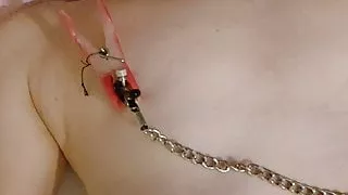 Twink double nipple clamps and hard chest whipping