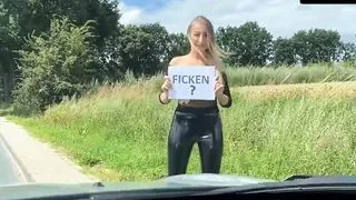 Blonde German slut in leather leggings has public sex