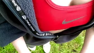 Public blowjob and swallow by girl in the garden. KleoModel