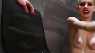 Blonde tgirl River Enza hardcore dildo drilled by dominatrix