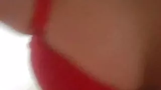 Work in kitchen in sexy red bra