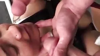 Outdoor slut with big tits nervous for her double facial