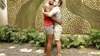 He takes a giant black cock outdoors