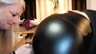 Slut in leather leggings gets cum on ass and milf licks clean