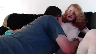 Nerdy dude blows a ginger transsexual