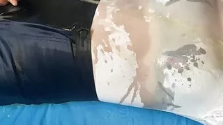 Transgirl piss drenched in white tshirt and disco shorts