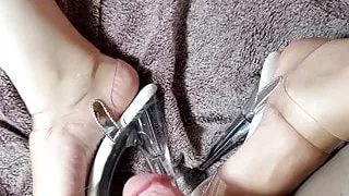 Clear Stripper Heels Shoejob, Jerking to Her Bare Feet Fetish