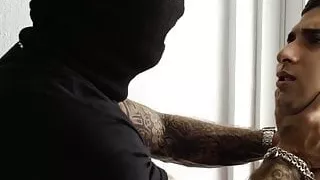 Twink Guy Lima chokes on cock after ball gag domination