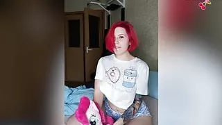 Bitch with Red Hair With Butt Plug In The Ass Plays With Her