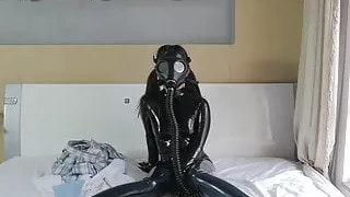 Asian Cute Latex girl gas mask bondage and BP