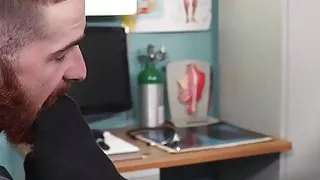 Doctor masturbates while bearded patient licks his feet