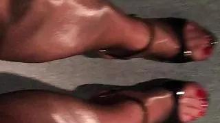 Feet with red Toes in glossy black red Nylons & sexy Heels