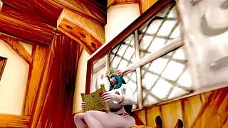 Night Elf domme facesitting two subs at once