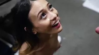 Skinny Asian fucked by big white cock. Cum on face