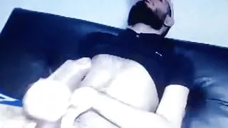 Bearded Latino guy edging his huge hung cock
