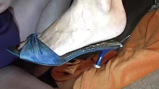 blue satin mules,cum inside