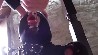 Laura XXX POV blowjob. She's tied, throated with a ring gag