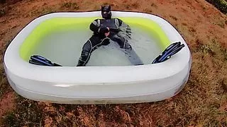Rufus Pawing off in Wetsuit, Fins and Pool