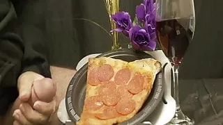 blowing a sticky load on pizza