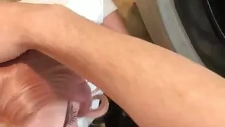 Deepthroat cock while washing clothes