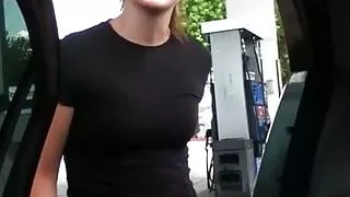 girl bursting to pee at gas station