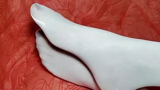 Her Red Toes in White Pantyhose Tights Foot Fetish
