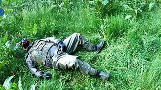 outdoor wanking in German Zodiak suit with compressed air