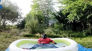 Baggy Pup cooling down in pool (with sneakers and cumshot)