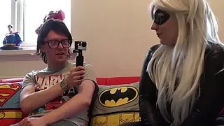 Natural tits blonde Haley Quinn sucking cock in latex suit