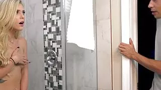 Slutty blonde drilled by big dong in the bathroom