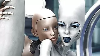 Female sex android plays with an alien in the sci-fi lab