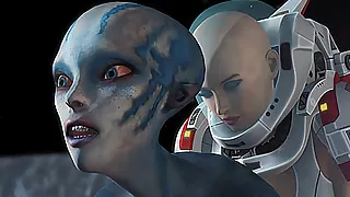 Spacewoman in spacesuit plays with an alien on the exoplanet