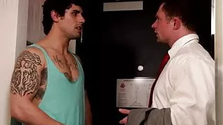 Buff tattooed hunks bareback fuck and cum