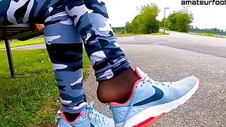 Girl shows sweaty Nikes and smelly nylons She shoeplay feet