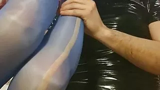 Nylon feet sniffing and licking