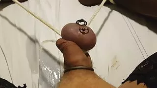 Pee on bed in black stockings