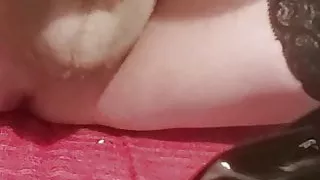 Tranny jerking of her little cock, cum on black patent boots