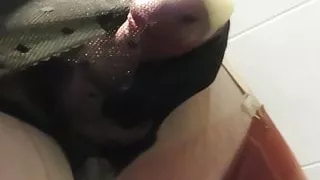 Cum in girdle, nylons and black panties