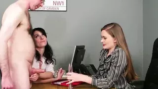 CFNM office babes giving handjob to lucky dude