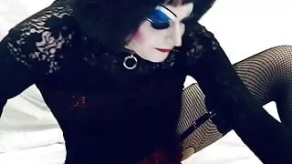Sissy slut in heavy makeup fucks her toys for her Master