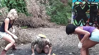 brat girls train their slave doggy outdoor