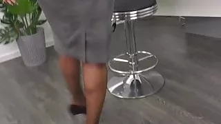 Cassie in office outfit – heels miniskirt and pantyhose