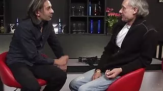 Petite blonde in threeway fucks old dude