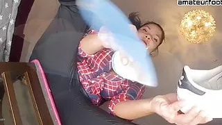 Gigantic girl does shoeplay and shows her stinky dirty socks