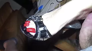 red long toenails in mules with cum