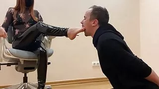 Kneels In Front of Goddess Kira and Serves Here Foot