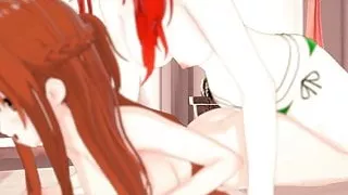 Yuuki Asuna wird von einer rothaarigen Lesbe mit einem Strapon gefickt.
