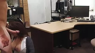 Thick pawnshop amateur sucks cock out back, POV