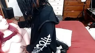 Black Tranny Cums on BBW Shemale Tits