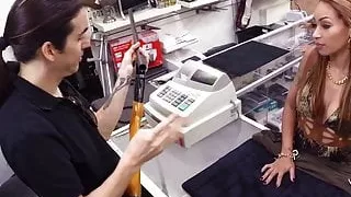Busty Latina pawnshop babe blowing shop owner
